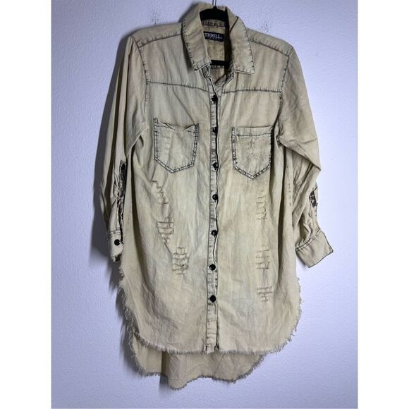 Thrill Women’s Acid Washed Distressed Button Front Long Cardigan Jacket Size XL - Picture 1 of 15